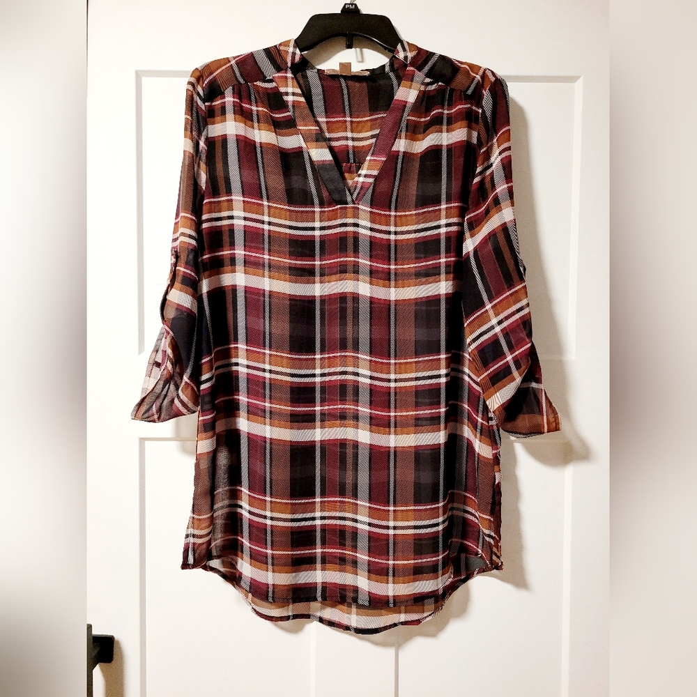 Philosophy Sheer Plaid Blouse Sz M  Burgundy Fall Tartan Tunic Top